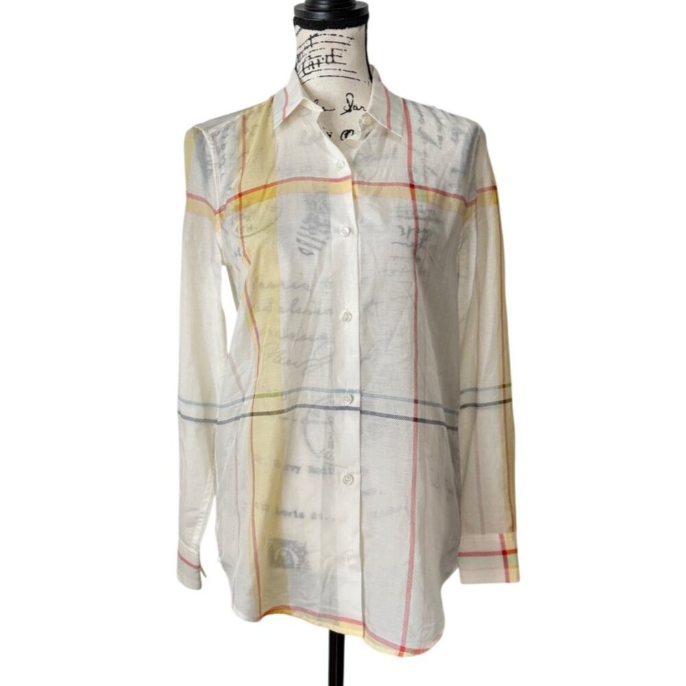Equipment Femme XS Top Sheer Plaid Button-Up Shirt Cotton Silk White Yellow Pink